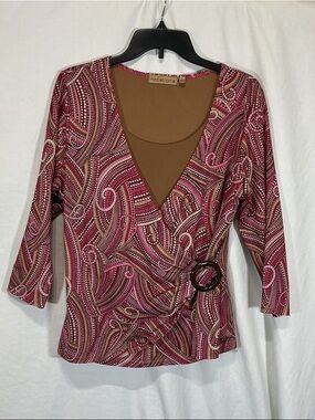 Notations Pink Swirl-Print Faux-Wrap Top with Decorative Ring